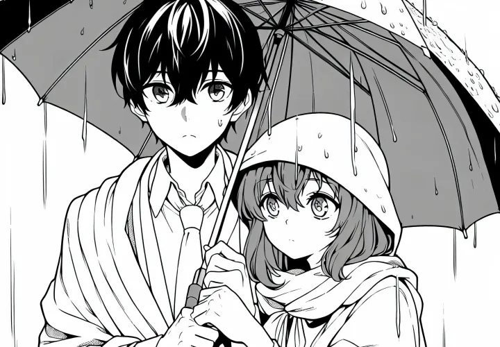 Pasangan anime muda di bawah hujan dengan payung - Gambar mewarnai gratis