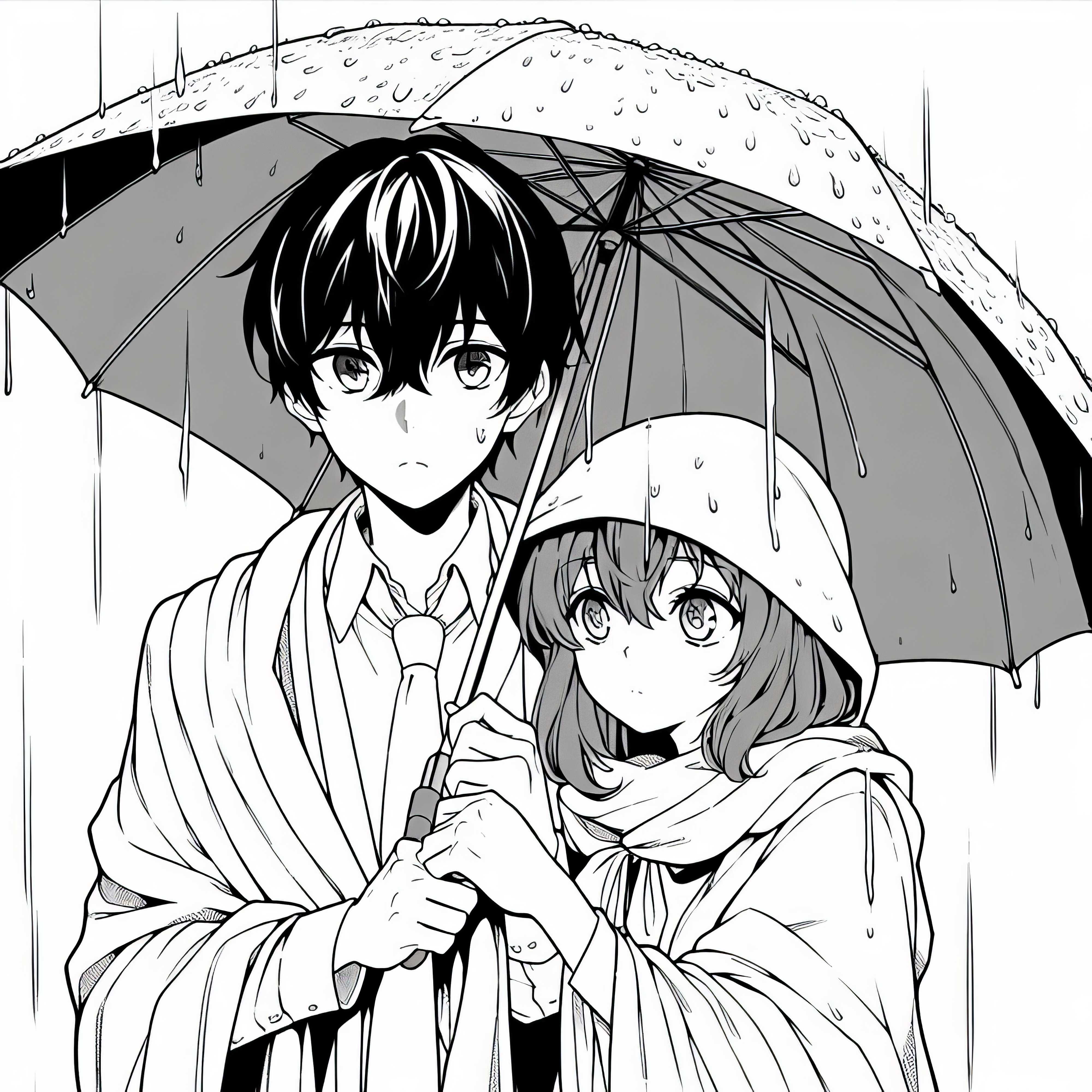 Pasangan anime muda di bawah hujan dengan payung - Gambar untuk diwarnai gratis