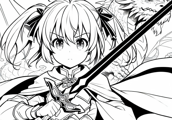 Gadis anime yang pemberani memegang pedang dengan tegas - Naga di latar belakang sebagai gambar untuk diwarnai gratis