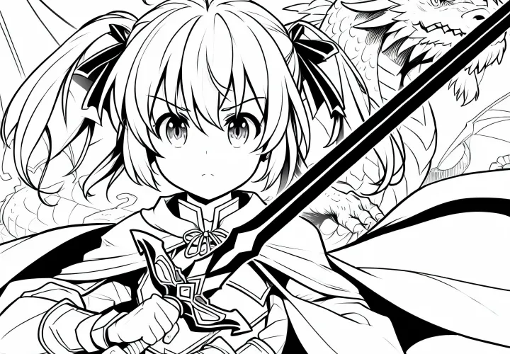 Gadis anime yang pemberani memegang pedang dengan tegas - Naga di latar belakang sebagai gambar untuk diwarnai gratis
