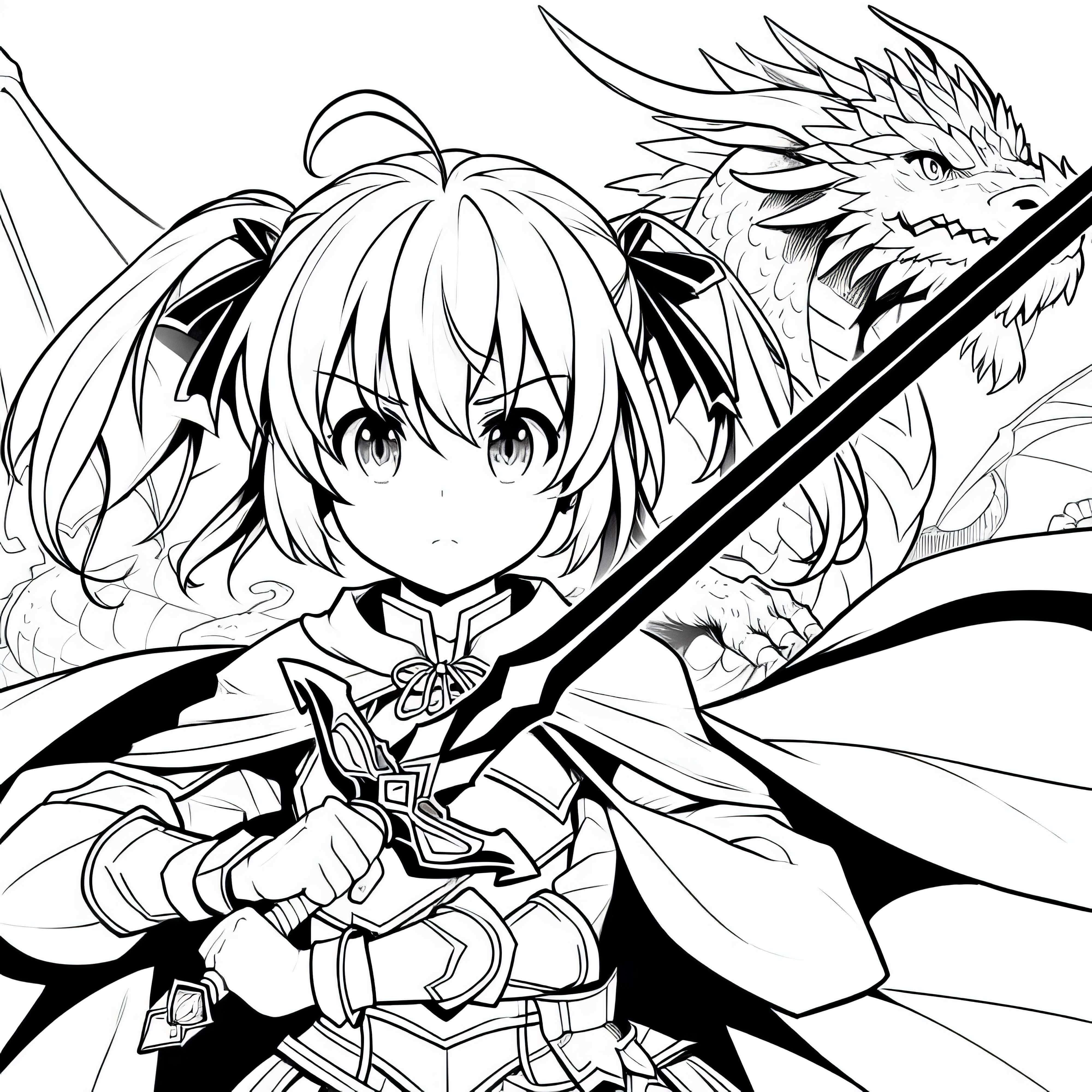 Gadis anime yang berani memegang pedang dengan tegas - Naga di latar belakang sebagai template gambar gratis