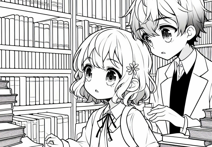 Dua anak anime dengan rasa ingin tahu menjelajahi perpustakaan misterius yang penuh dengan buku - Template mewarnai gratis