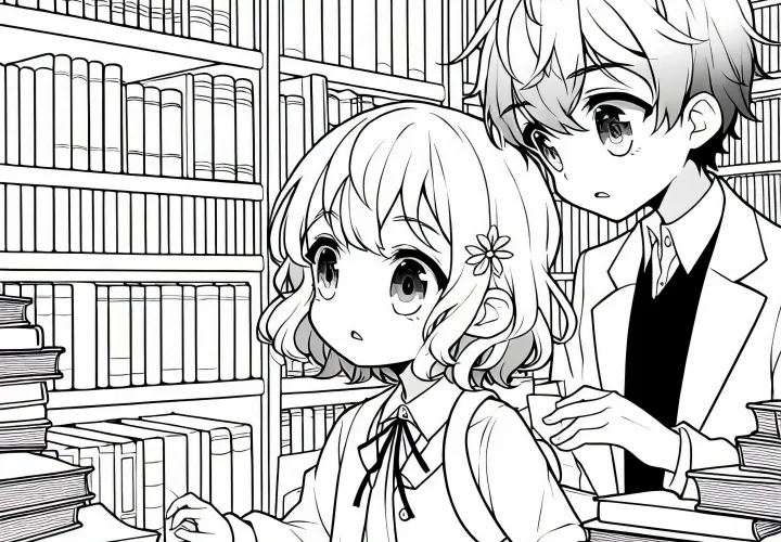 Dua anak anime dengan rasa ingin tahu menjelajahi perpustakaan misterius yang penuh dengan buku - Template mewarnai gratis