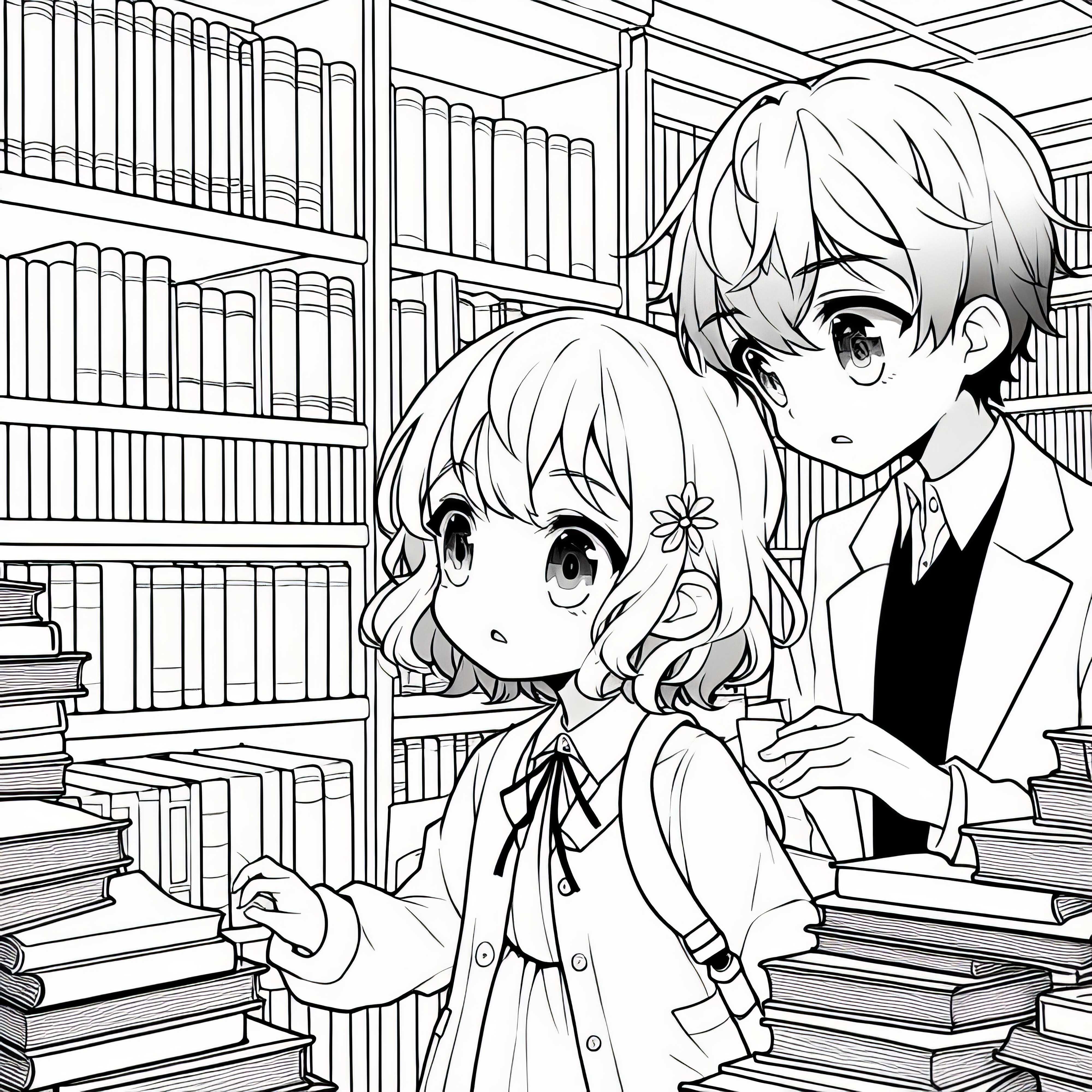 Dua anak anime dengan penasaran menjelajahi sebuah perpustakaan misterius yang penuh dengan buku - gratis gambar untuk diwarnai