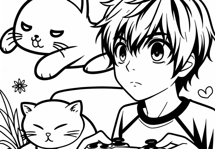 Anak laki-laki anime bermain video game dengan konsentrasi, sementara kucing lucu tidur di sampingnya - Template mewarnai gratis