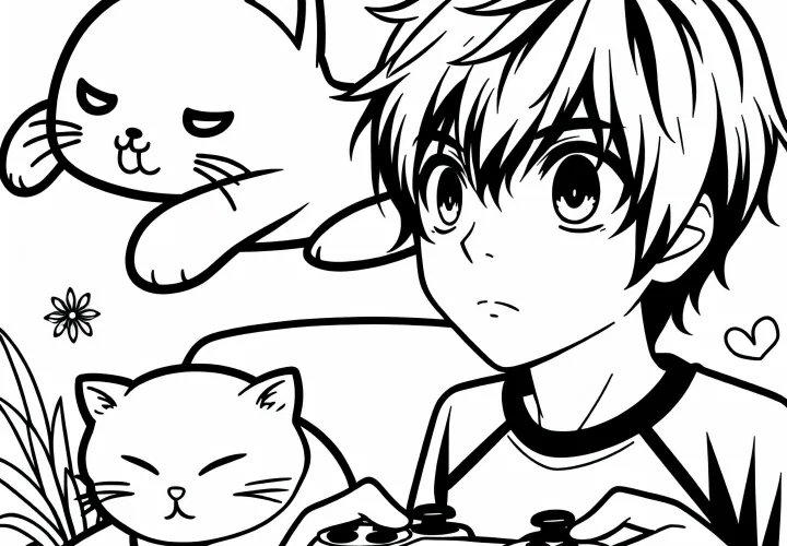 Anak laki-laki anime bermain video game dengan konsentrasi, sementara kucing lucu tidur di sampingnya - Template mewarnai gratis