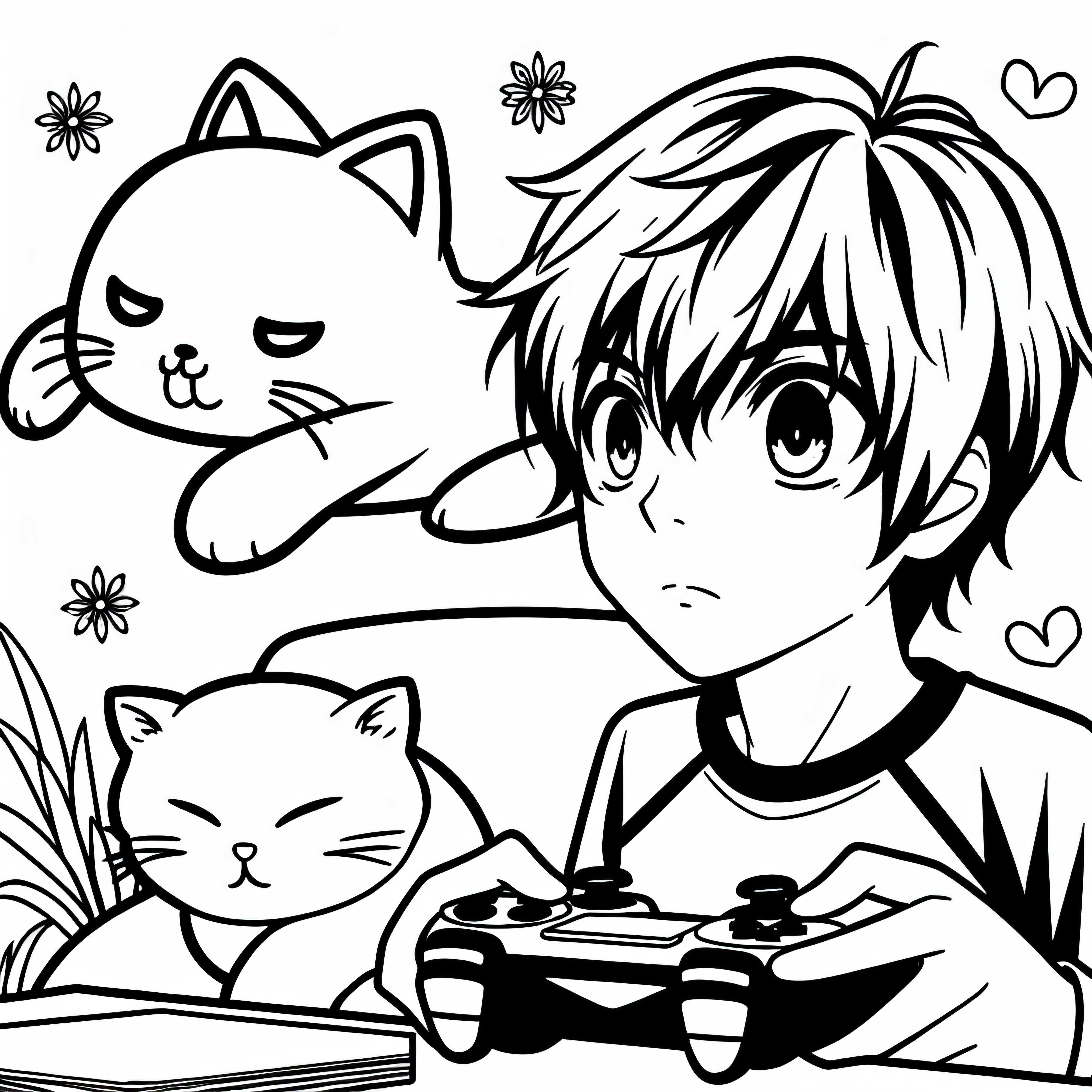 Anak anime bermain video game dengan konsentrasi, sementara kucing lucu tidur di sampingnya - Template mewarnai gratis