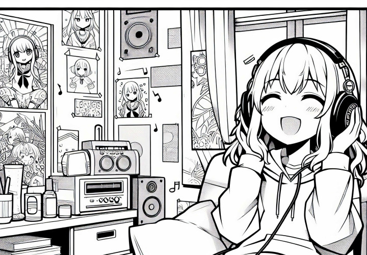 Gadis anime dengan headphone mendengarkan musik di kamarnya dengan poster - Template mewarnai gratis
