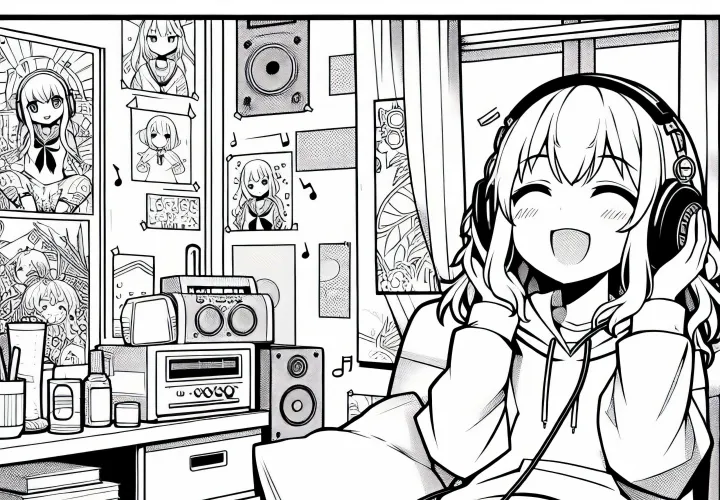Gadis anime dengan headphone mendengarkan musik di kamarnya dengan poster - Template mewarnai gratis