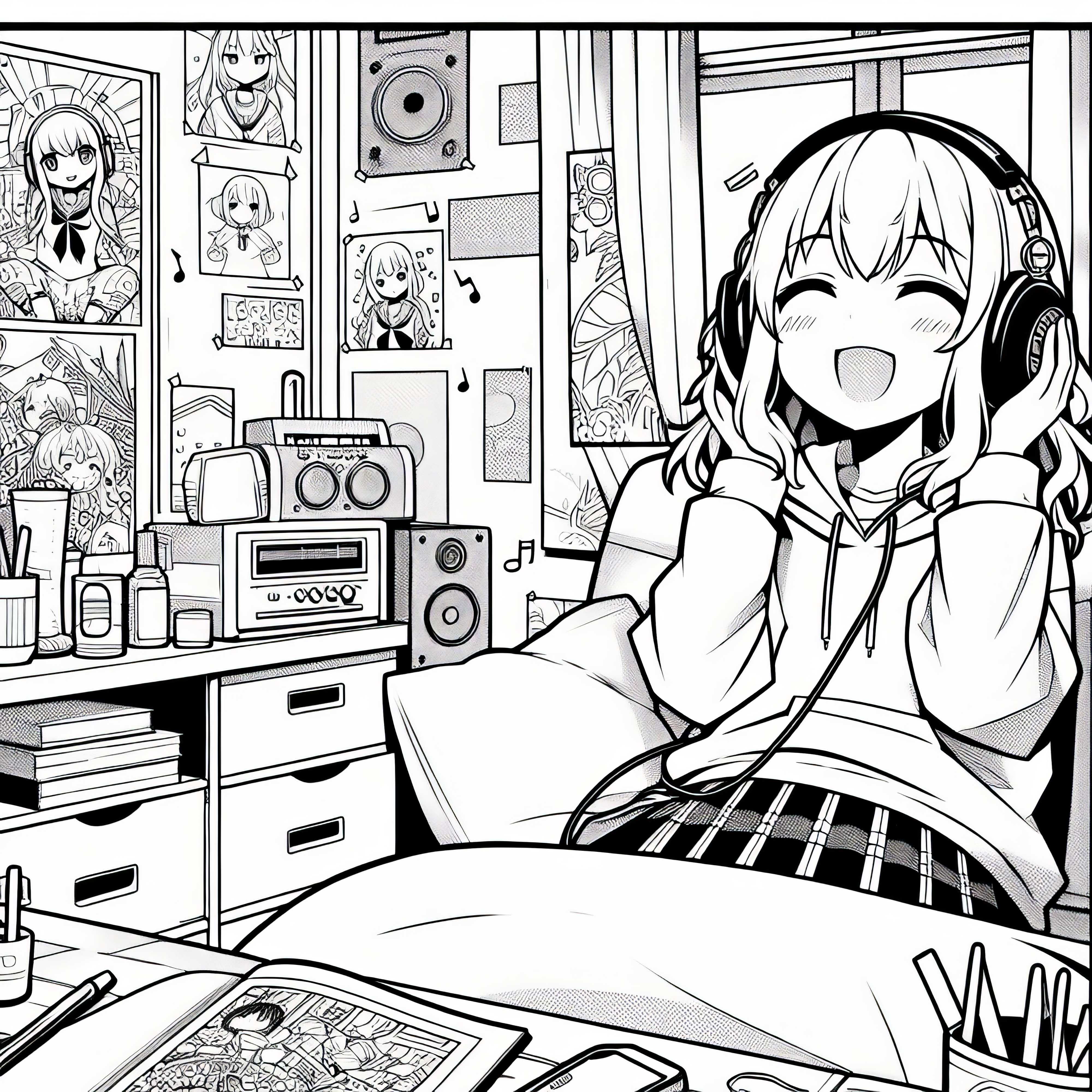 Gadis anime dengan headphone mendengarkan musik di kamarnya dengan poster - Contoh gambar untuk diwarnai Gratis