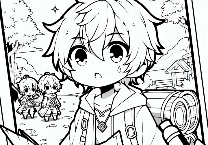 Anak laki-laki anime memegang peta harta karun dalam perjalanan petualangan – Template mewarnai gratis