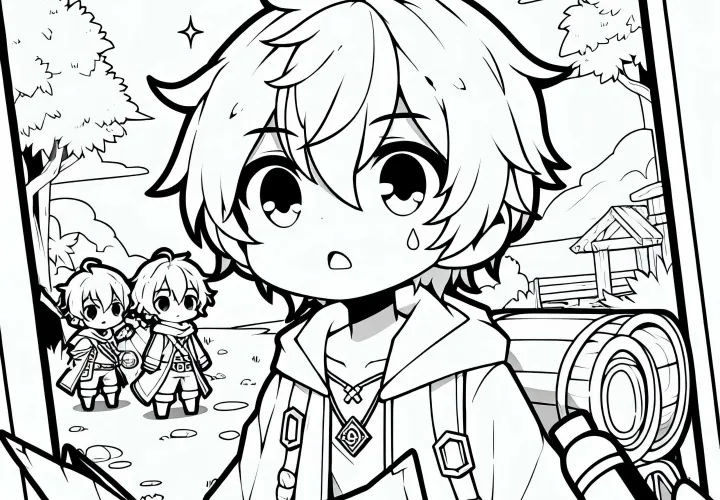 Anak laki-laki anime memegang peta harta karun dalam perjalanan petualangan – Template mewarnai gratis