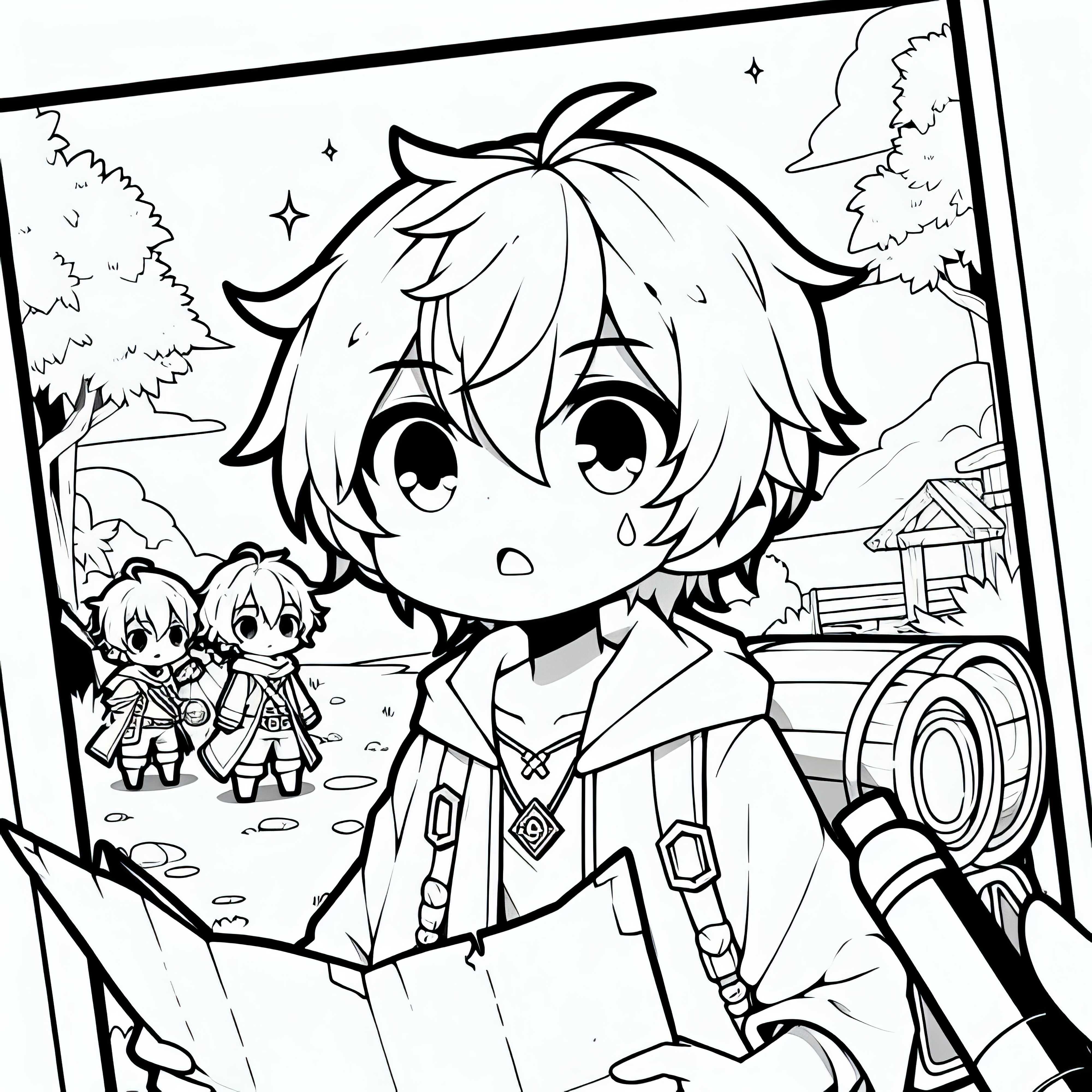 Anime-boy memegang peta harta karun dalam perjalanan petualangan – Lembar mewarnai gratis