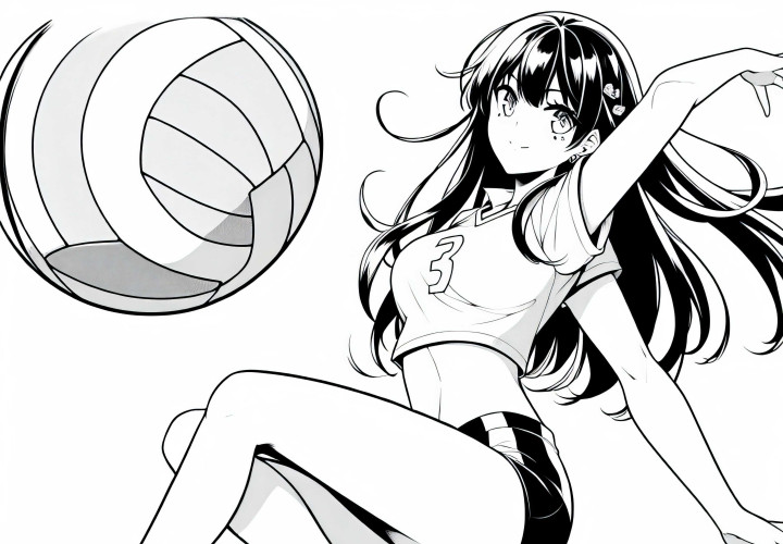 Gadis anime sporty saat bermain voli - Gambar pewarnaan gratis