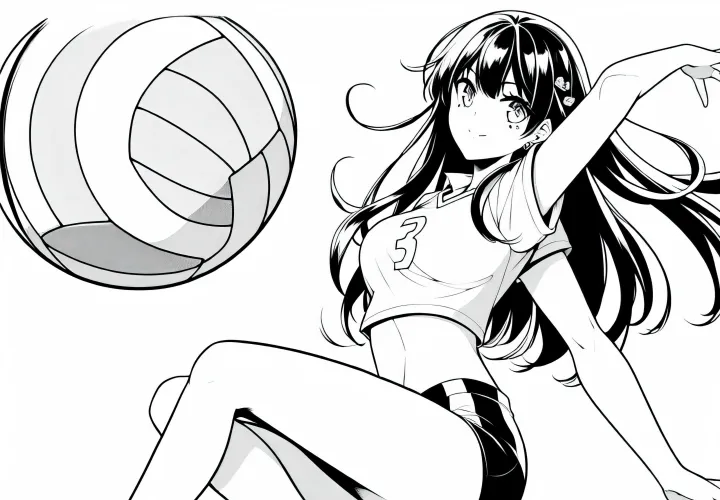 Gadis anime sporty saat bermain voli - Gambar pewarnaan gratis