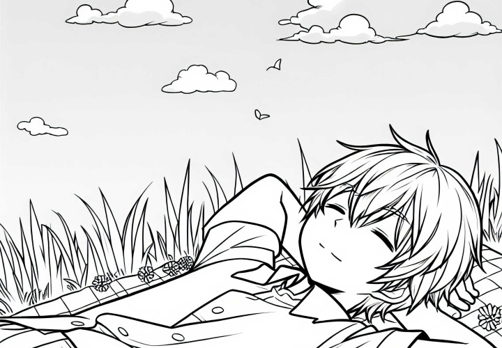 Anime Anak Laki-laki Berbaring di Rumput dan Mengamati Awan yang Melintas dengan Penuh Khayalan - Gambar Mewarnai Gratis