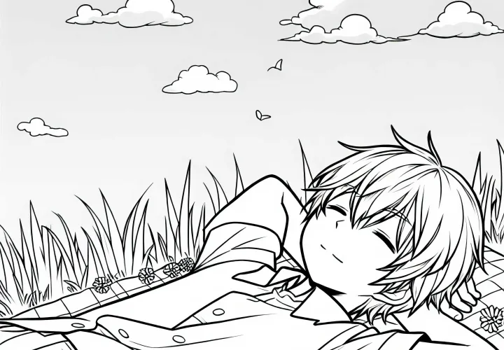 Anime Anak Laki-laki Berbaring di Rumput dan Mengamati Awan yang Melintas dengan Penuh Khayalan - Gambar Mewarnai Gratis
