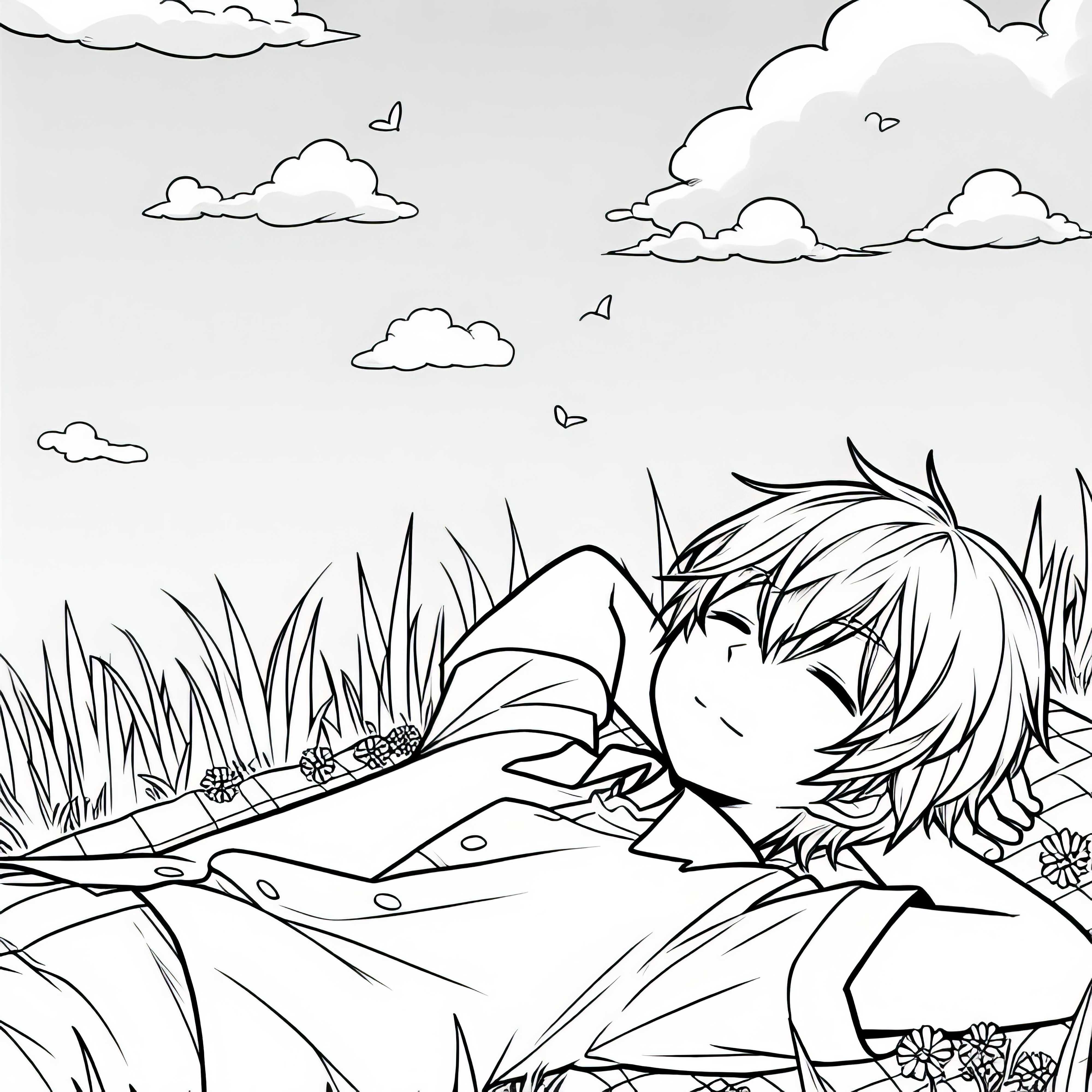Anime Anak Laki-Laki Berbaring di Rumput dan Mengamati Awan yang Melintas dengan Penuh Khayalan - Gambar untuk Mewarnai Gratis