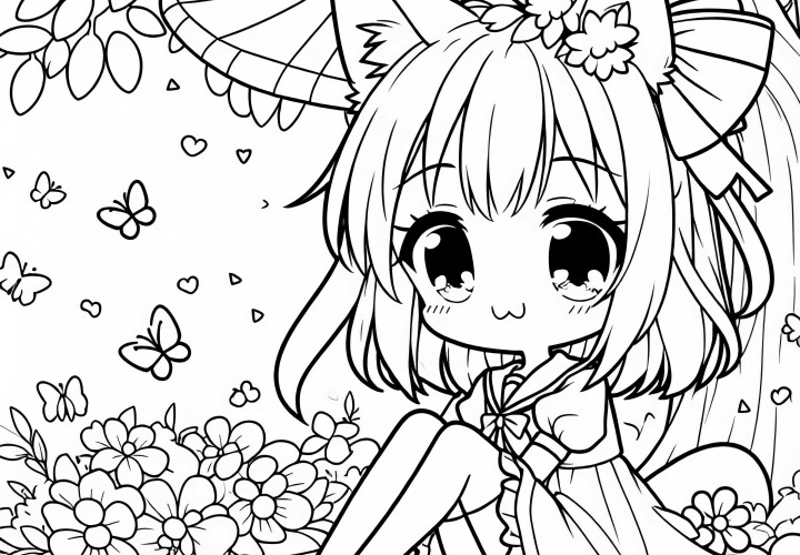 Gadis anime dengan telinga hewan yang imut duduk di bawah pohon - Gambar untuk diwarnai gratis