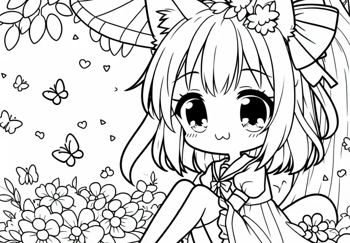 Gadis anime dengan telinga hewan yang imut duduk di bawah pohon - Gambar untuk diwarnai gratis