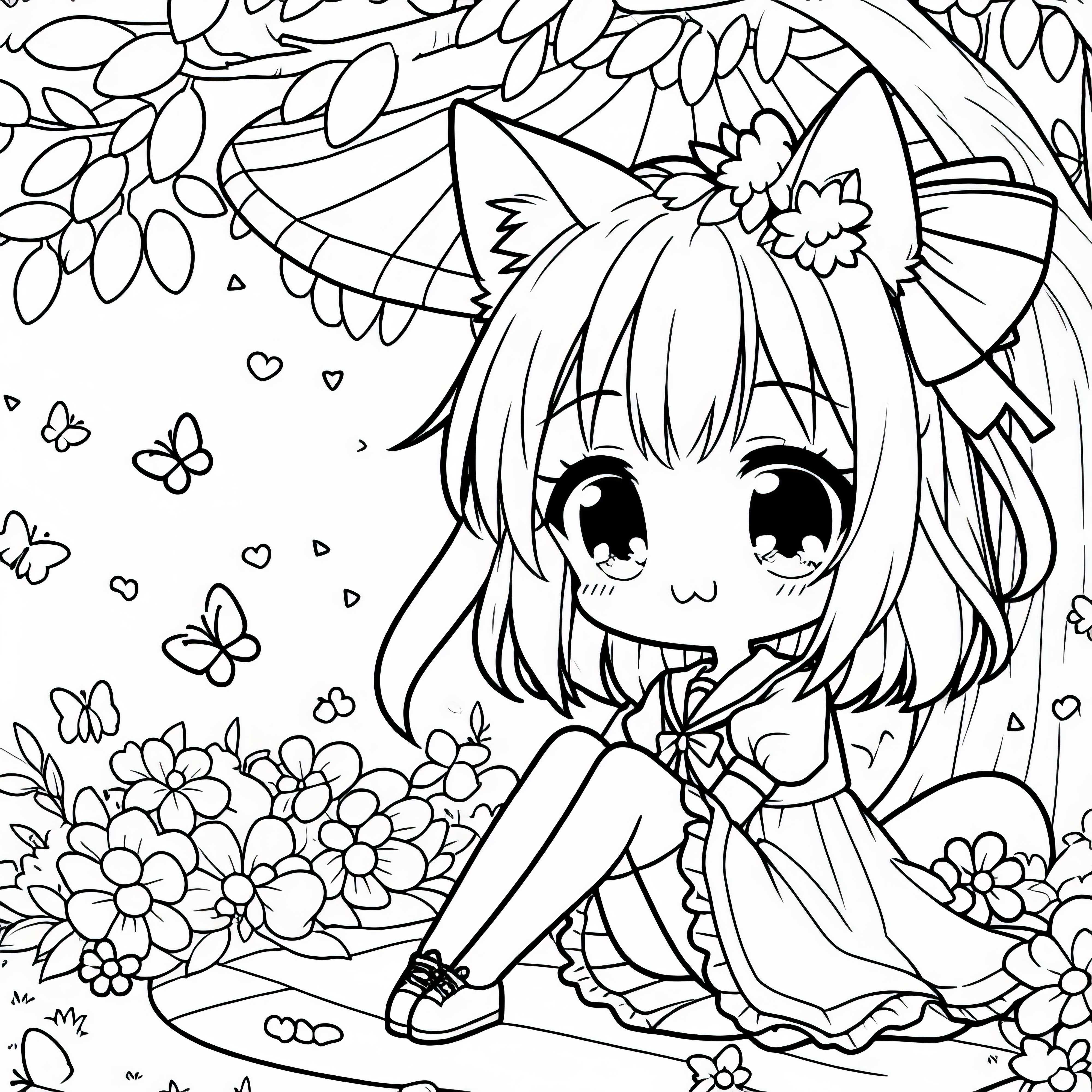 Gadis anime dengan telinga hewan yang imut duduk di bawah pohon - gambar untuk diwarnai gratis