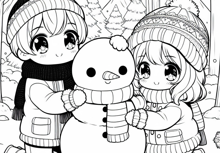 Dua Anak Anime Membangun Boneka Salju Lucu di Hutan Musim Dingin – Template Mewarnai Gratis