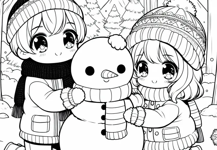 Dua Anak Anime Membangun Boneka Salju Lucu di Hutan Musim Dingin – Template Mewarnai Gratis