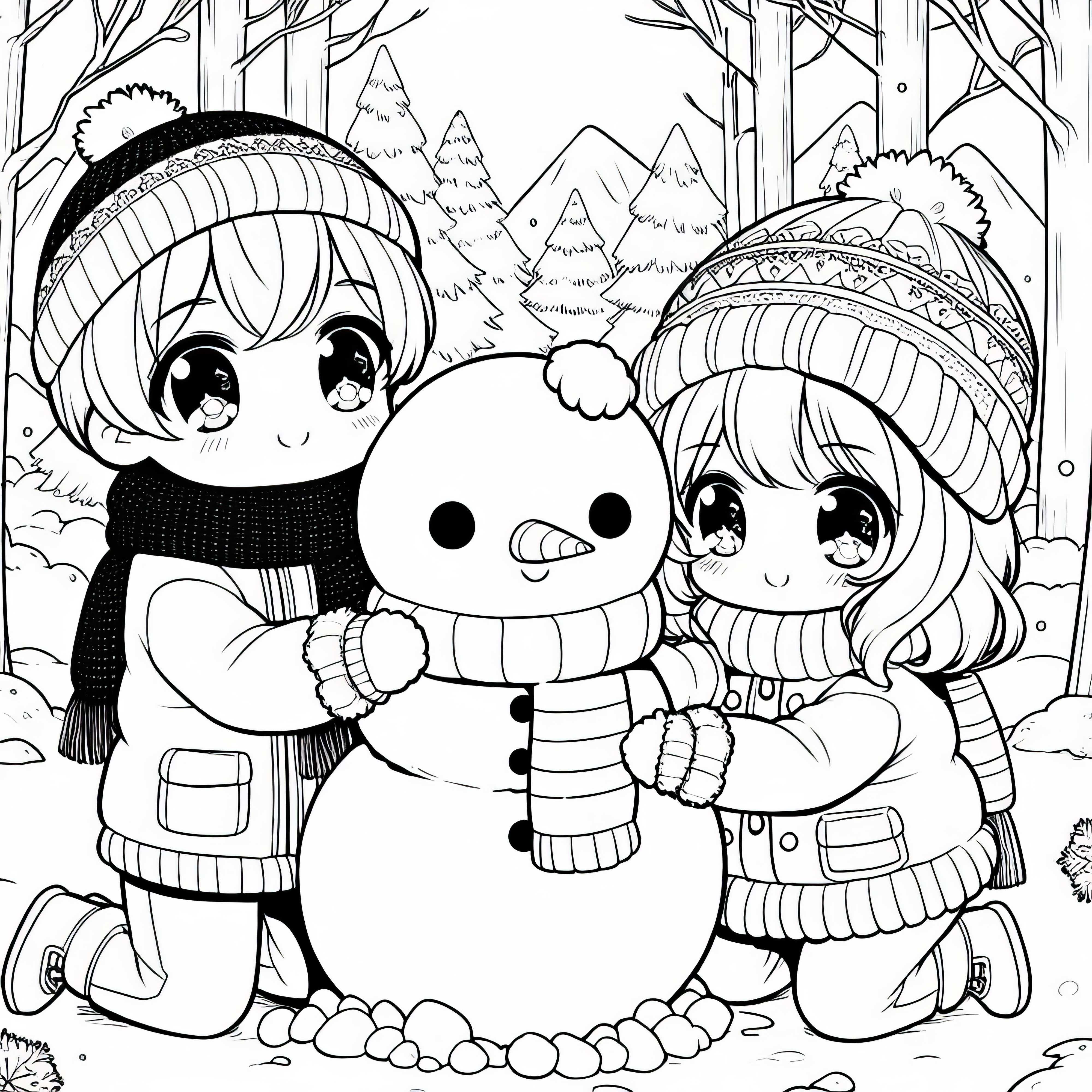 Dua Anak Anime Membangun Manusia Salju Lucu di Hutan Musim Dingin - Template Mewarnai Gratis