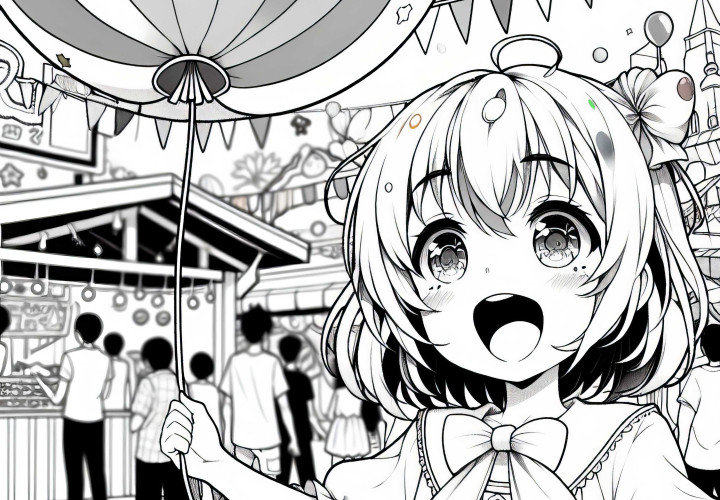 Gadis anime dengan antusias memegang balon di festival jalan musim panas - Gambar mewarnai gratis