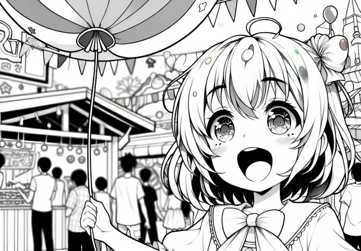 Gadis anime dengan antusias memegang balon di festival jalan musim panas - Gambar mewarnai gratis
