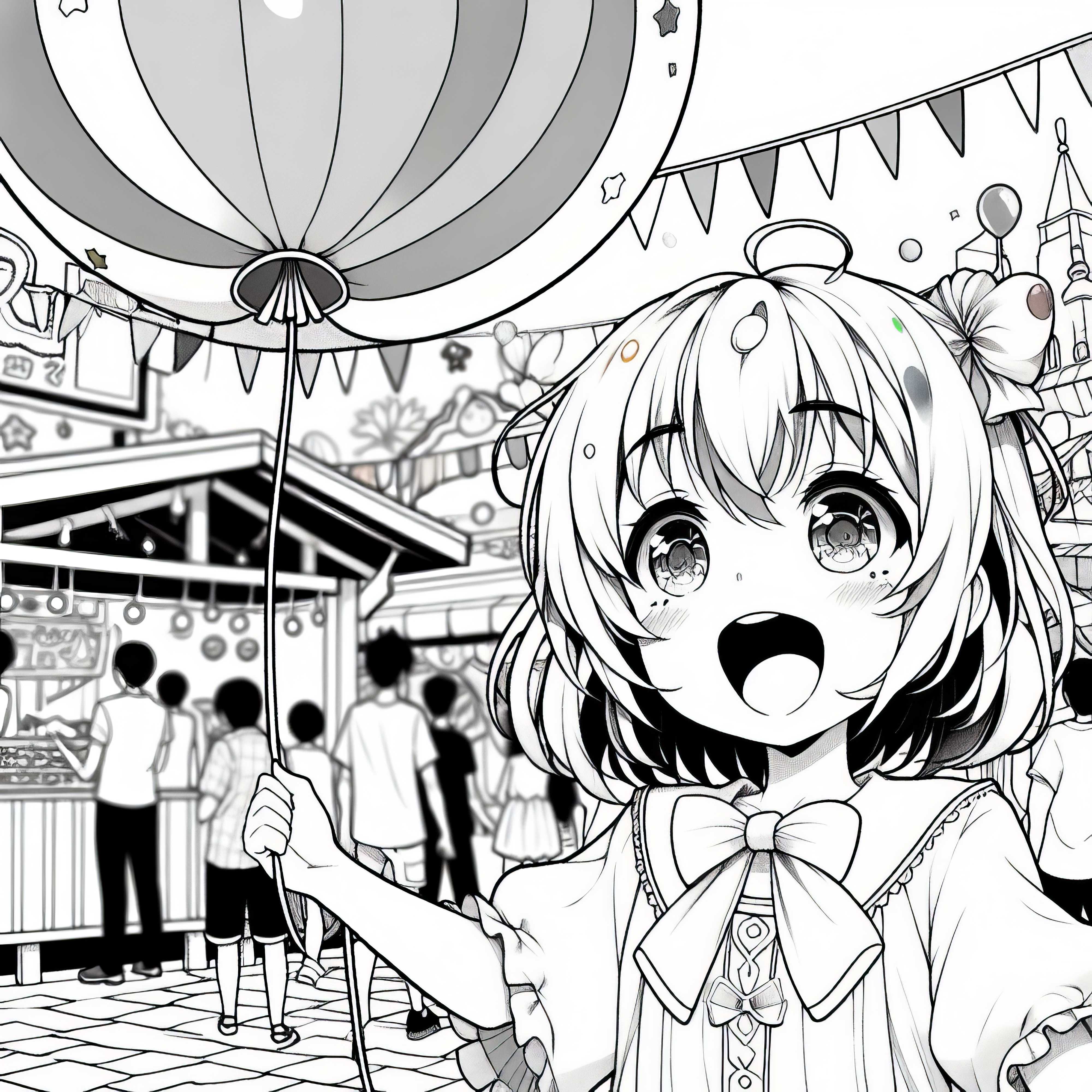 Gadis anime dengan antusias memegang balon di festival jalanan musim panas - Gambar untuk diwarnai gratis