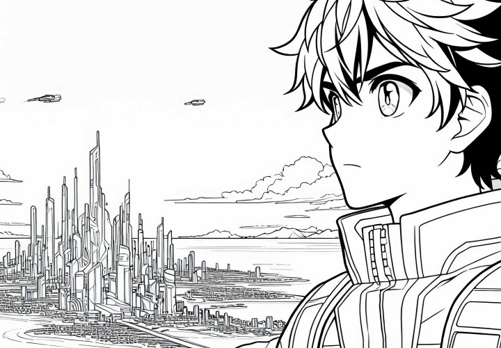 Karakter anime yang penuh petualangan menatap dengan tekad ke arah kota futuristik di kejauhan - Gambar untuk diwarnai gratis