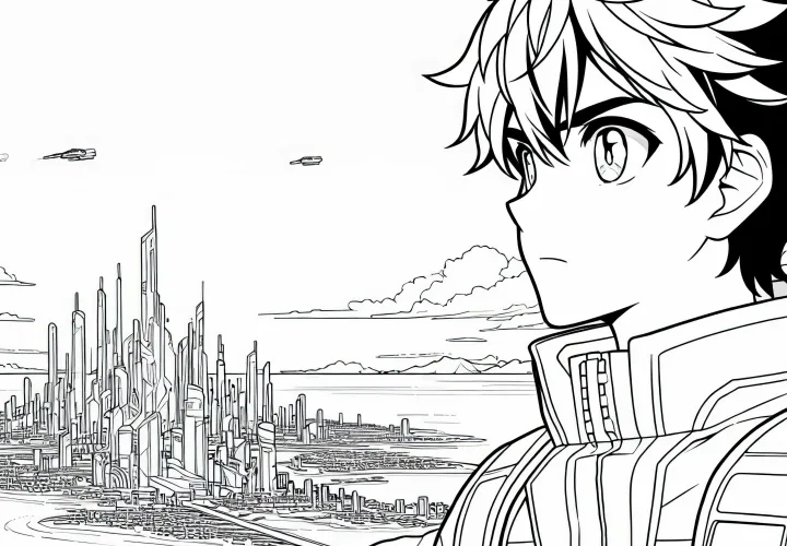 Karakter anime yang penuh petualangan menatap dengan tekad ke arah kota futuristik di kejauhan - Gambar untuk diwarnai gratis