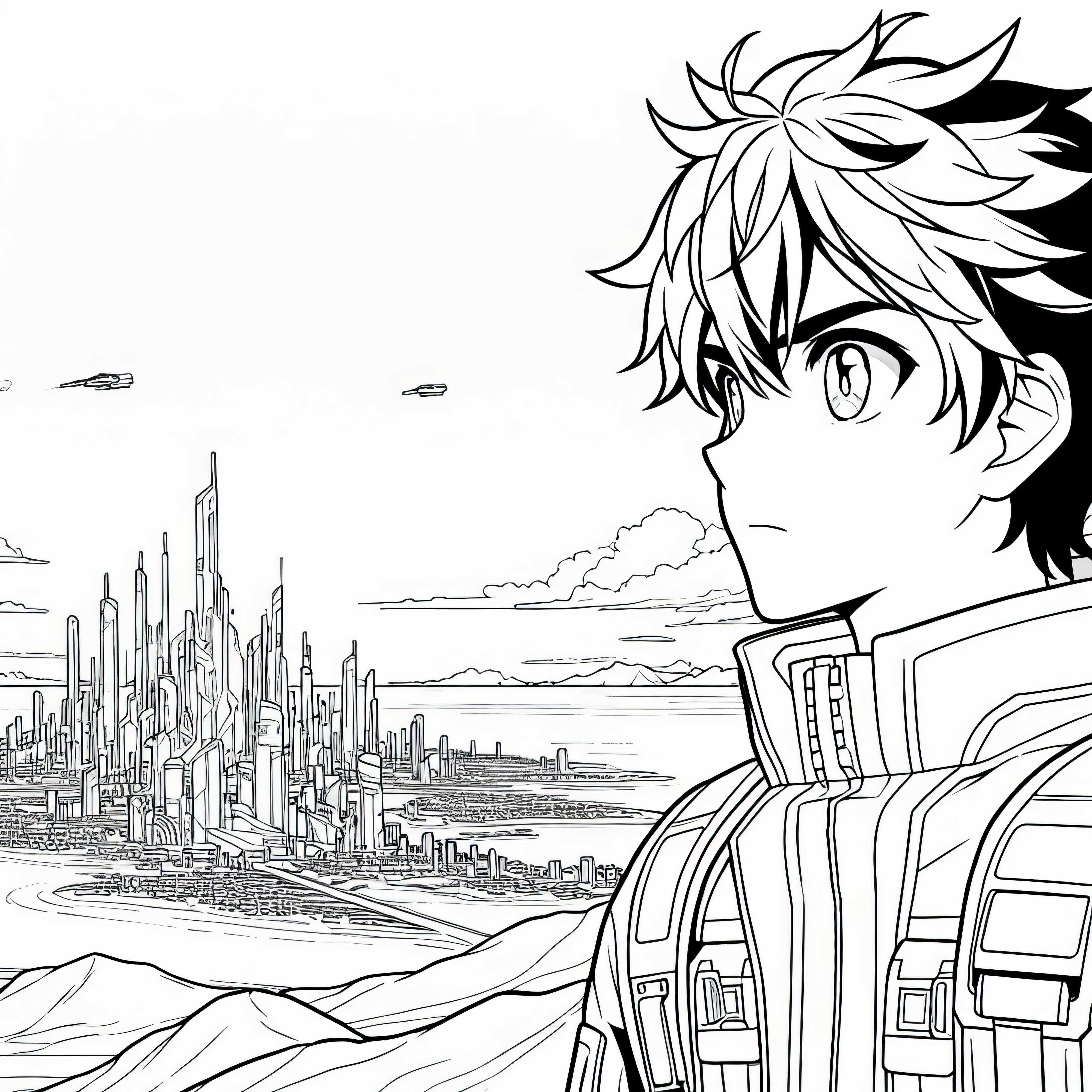 Karakter anime yang penuh petualangan menatap dengan tekad ke kota futuristik di cakrawala - Gambar untuk diwarnai gratis