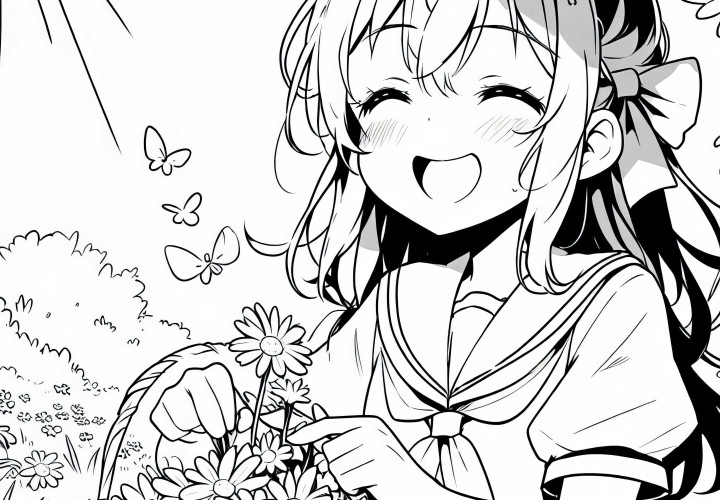 Gadis anime tersenyum memetik bunga di padang rumput yang cerah - Template mewarnai gratis