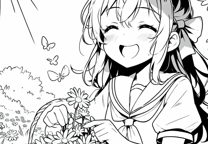 Gadis anime tersenyum memetik bunga di padang rumput yang cerah - Template mewarnai gratis
