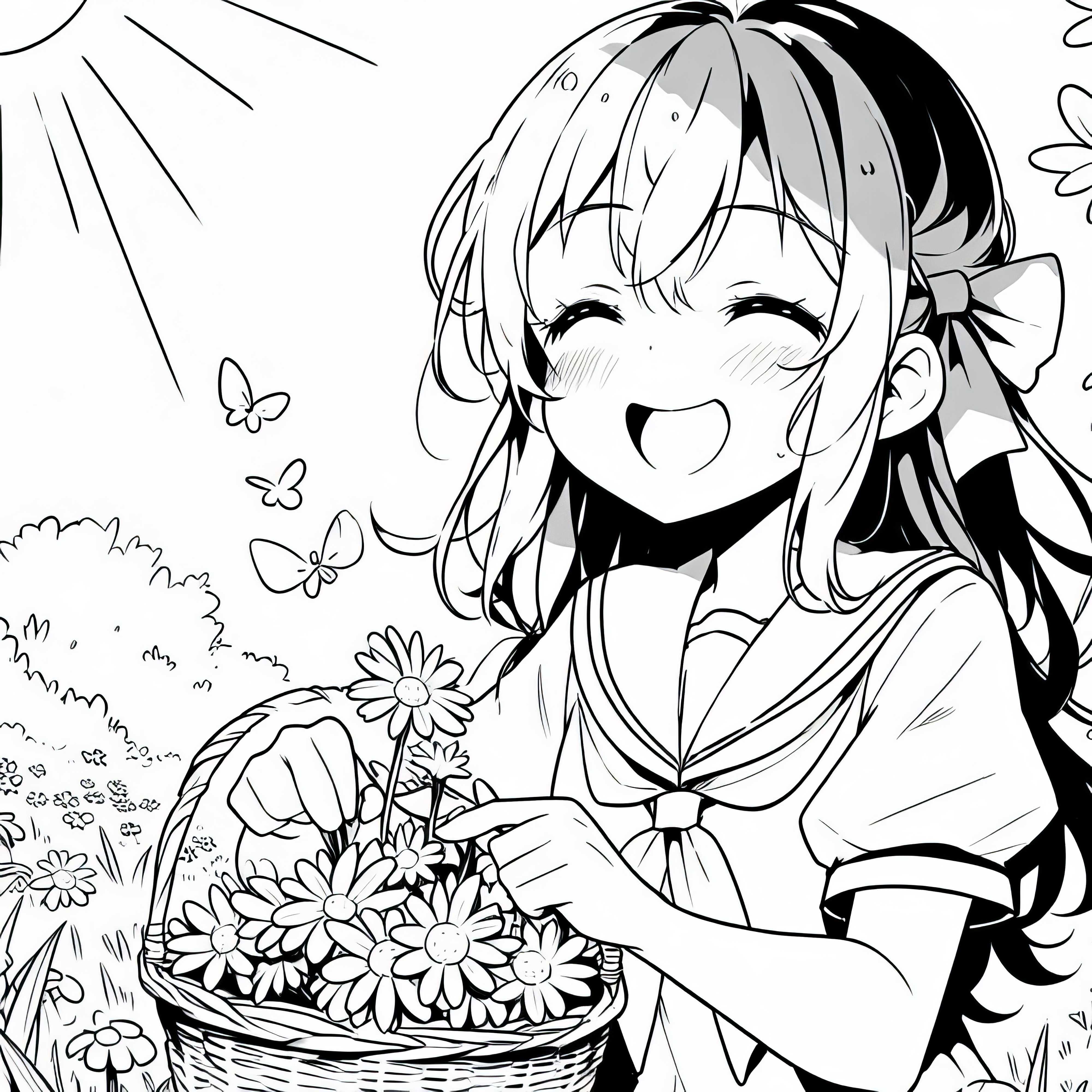 Gadis anime memetik bunga dengan senyum di padang rumput yang cerah - Gambar untuk diwarnai gratis
