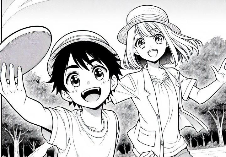 Dua teman anime bermain frisbee dengan ceria di taman yang cerah - Gambar untuk diwarnai dapat diunduh secara gratis