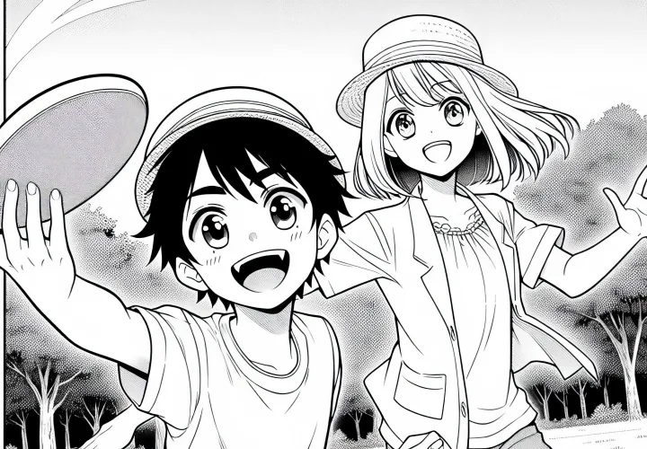 Dua teman anime bermain frisbee dengan ceria di taman yang cerah - Gambar untuk diwarnai dapat diunduh secara gratis