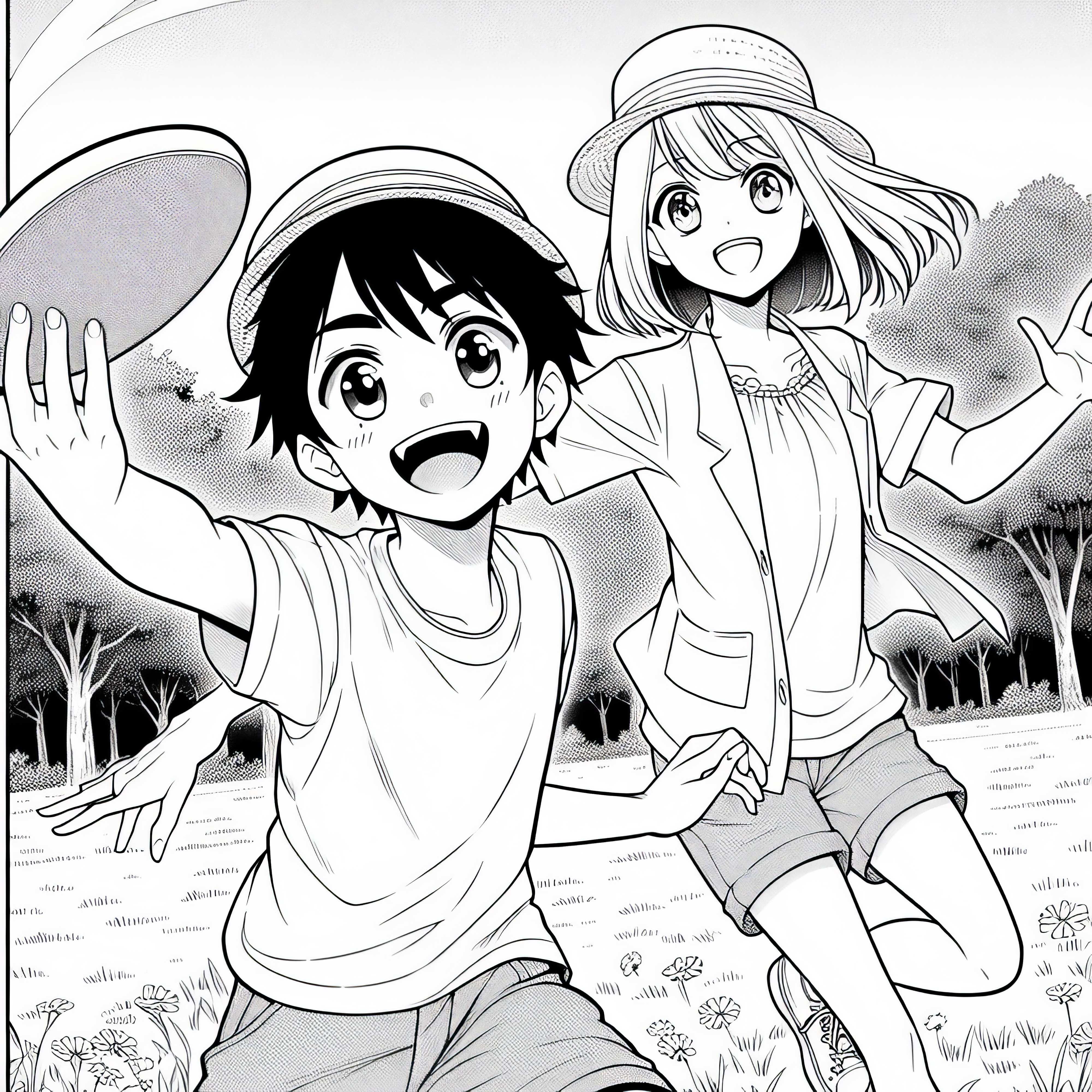 Dua teman anime bermain frisbee dengan gembira di taman yang cerah - gambar untuk diwarnai dapat diunduh secara gratis