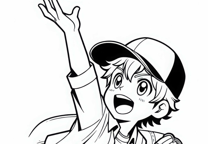 Anime anak laki-laki dengan topi baseball melempar bola dengan semangat - Gambar untuk diwarnai gratis