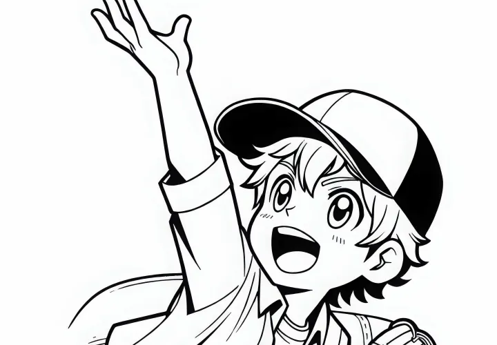Anime anak laki-laki dengan topi baseball melempar bola dengan semangat - Gambar untuk diwarnai gratis