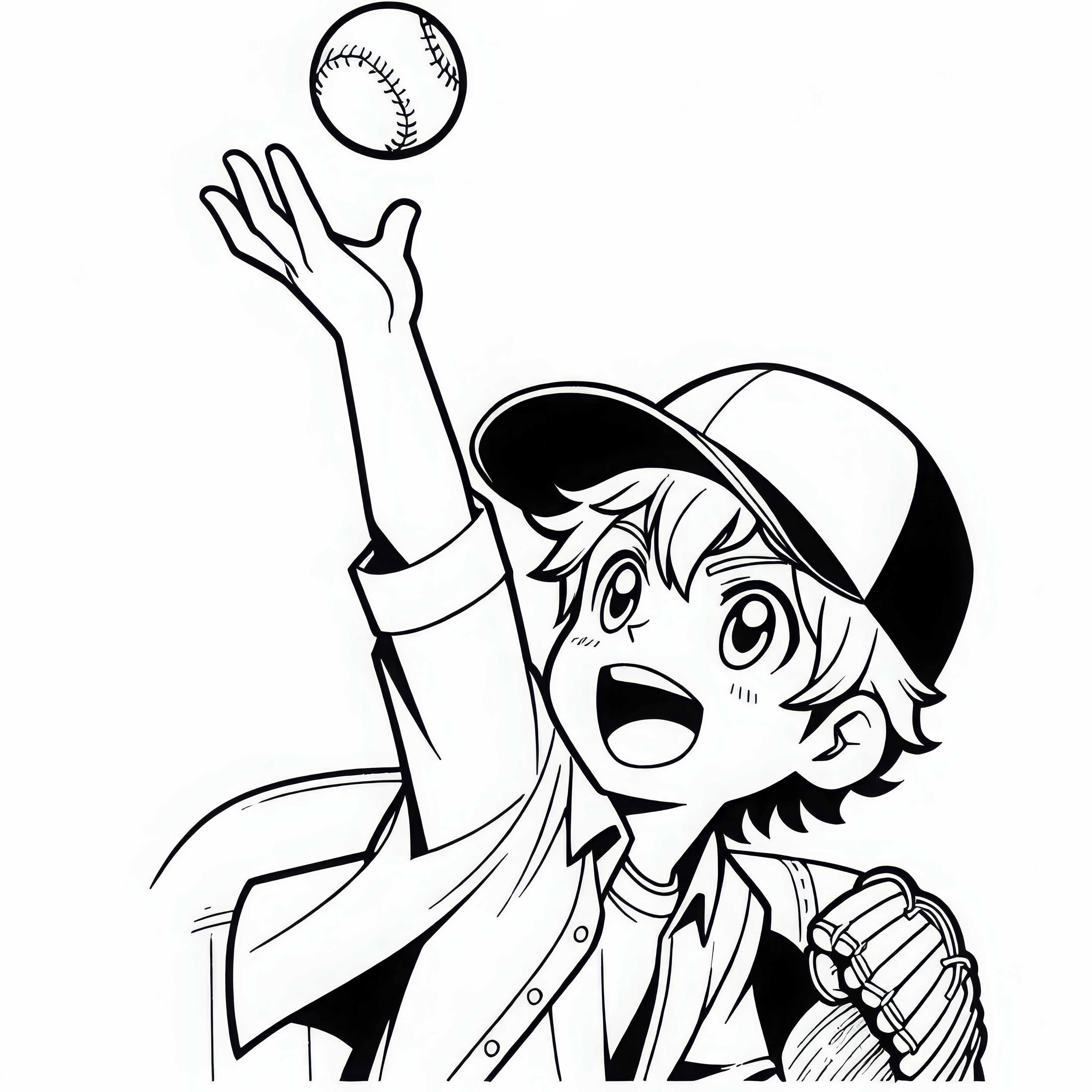 Anime anak laki-laki dengan topi bisbol melempar bola dengan antusias - Gambar untuk diwarnai gratis