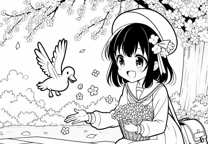 Gadis anime dengan bahagia memberi makan bebek di kolam di musim semi - Gambar untuk diwarnai gratis