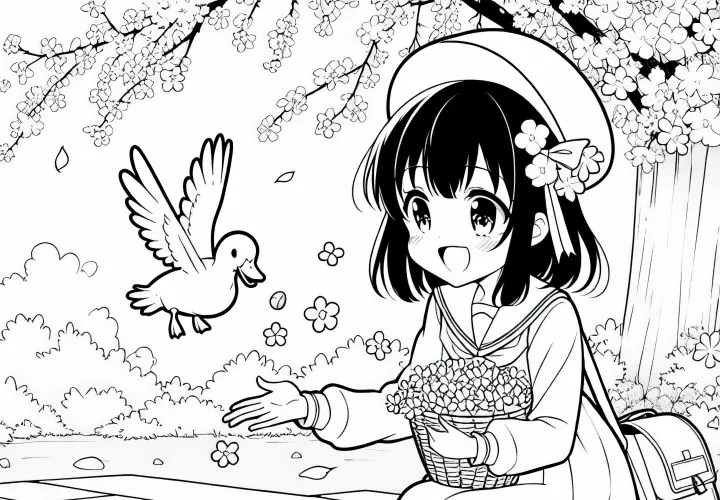 Gadis anime dengan bahagia memberi makan bebek di kolam di musim semi - Gambar untuk diwarnai gratis