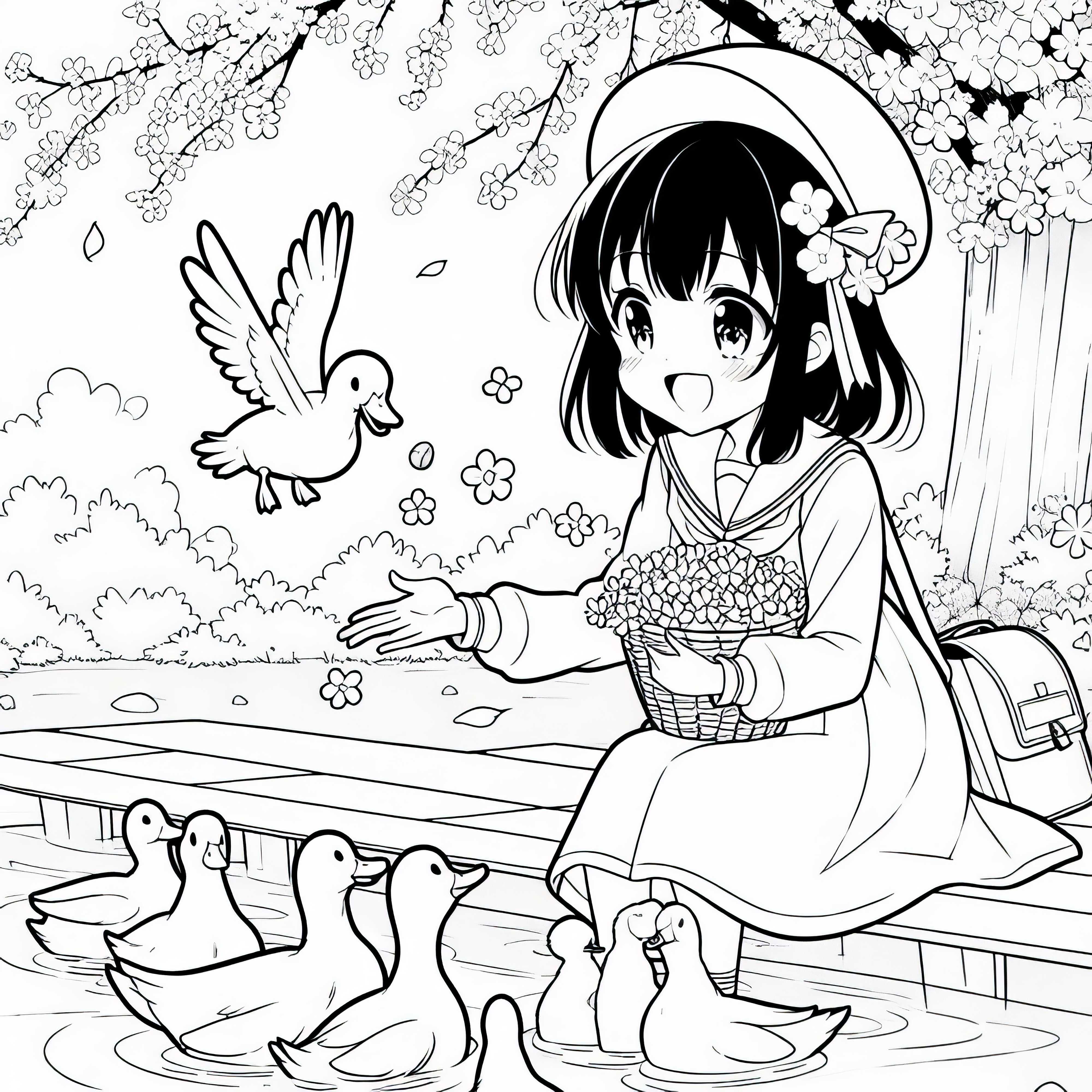 Gadis anime dengan bahagia memberi makan bebek di kolam pada musim semi - Gambar untuk diwarnai gratis