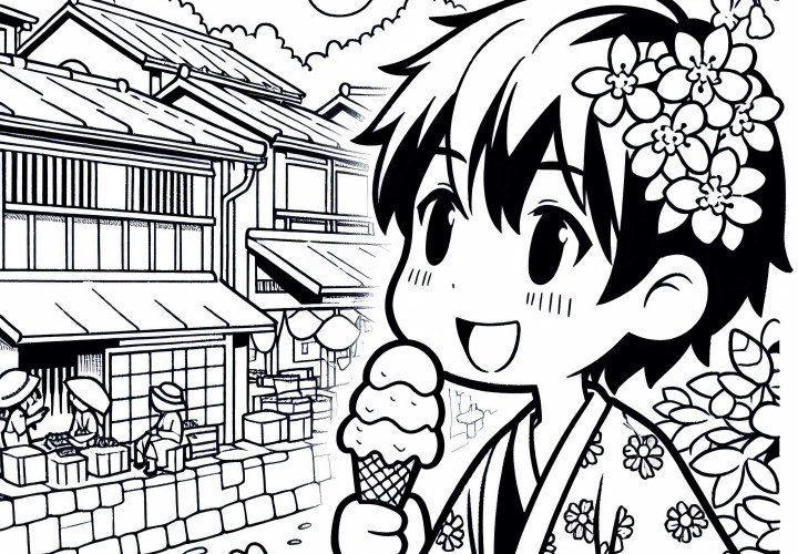Anak anime menikmati es krim di kota kecil yang musim panas - Template gambar gratis