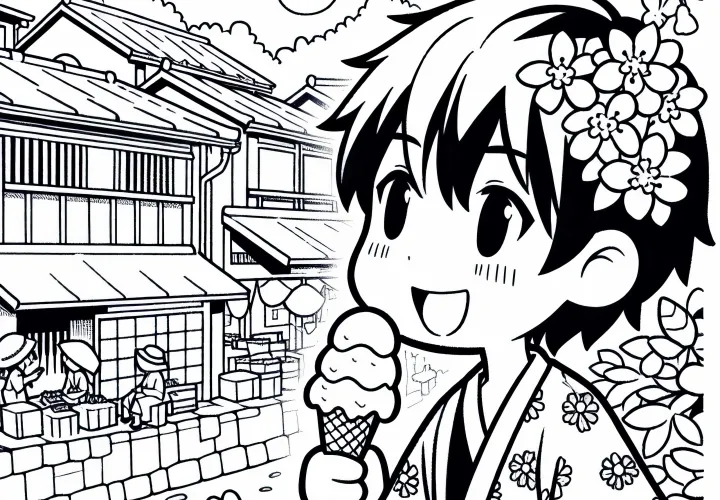 Anak anime menikmati es krim di kota kecil yang musim panas - Template gambar gratis