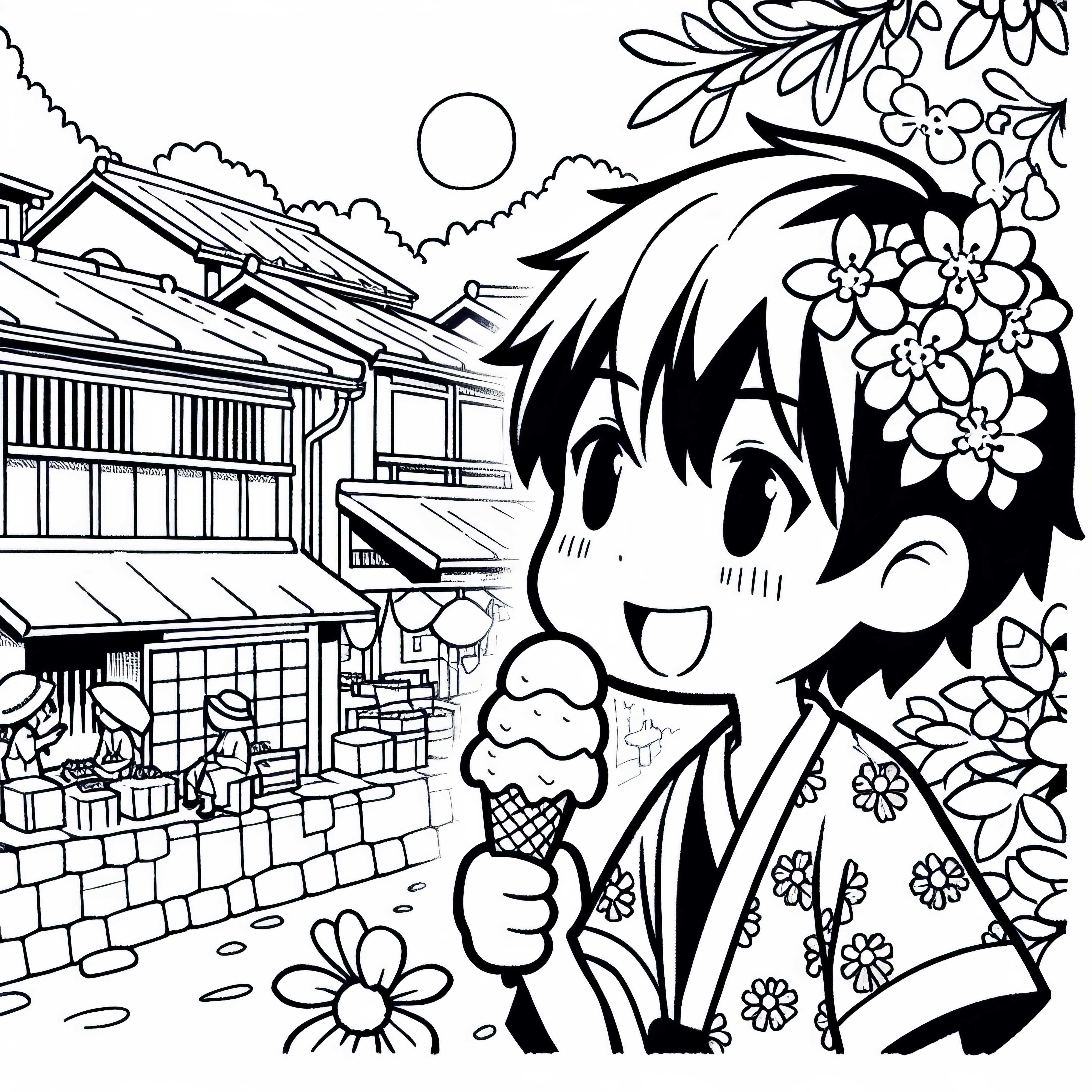 Anime-anak menikmati es krim di kota kecil musim panas - Template mewarnai gratis