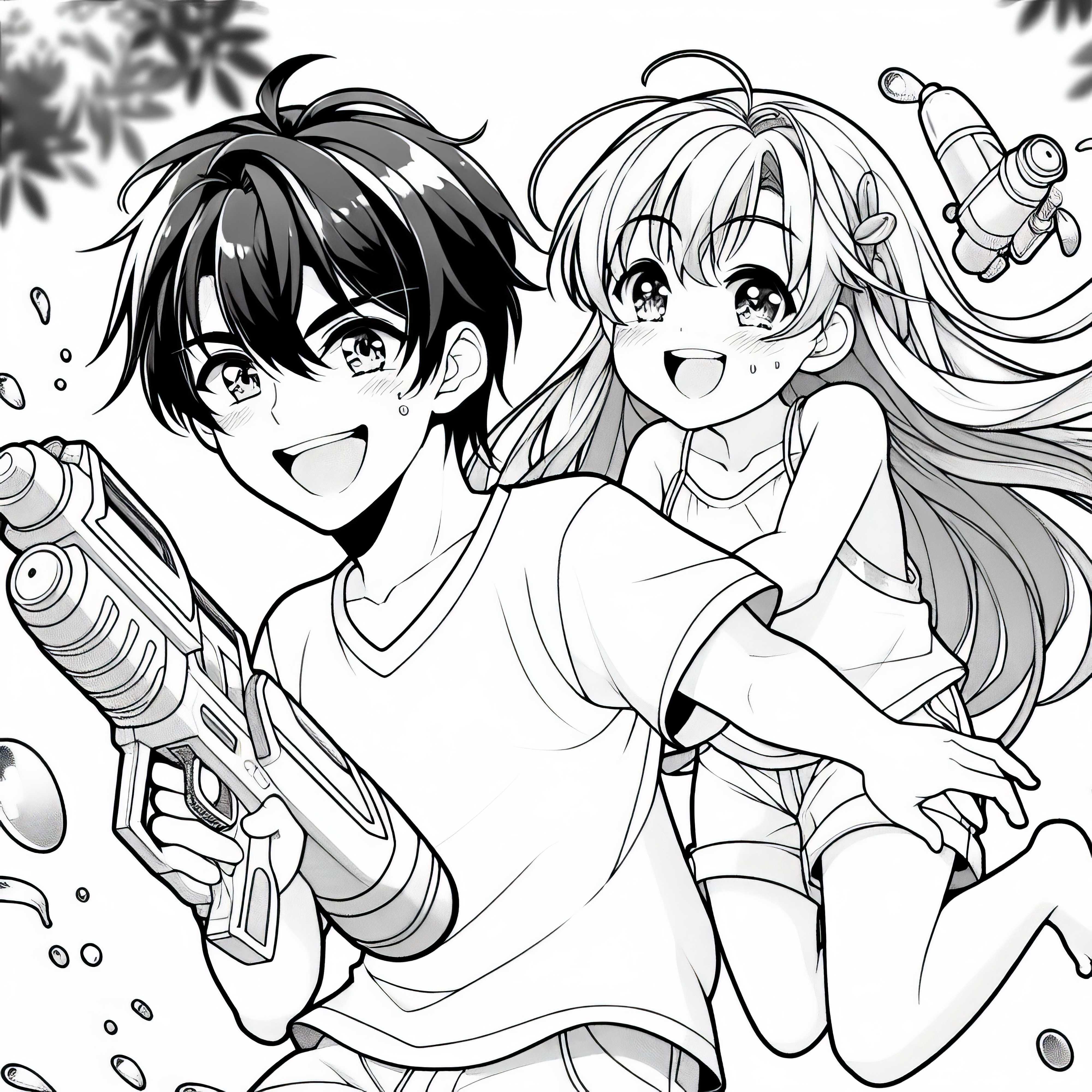 Saudara-saudara Anime Bermain Ceria Dengan Pistol Air Di Taman – Template Mewarnai Gratis